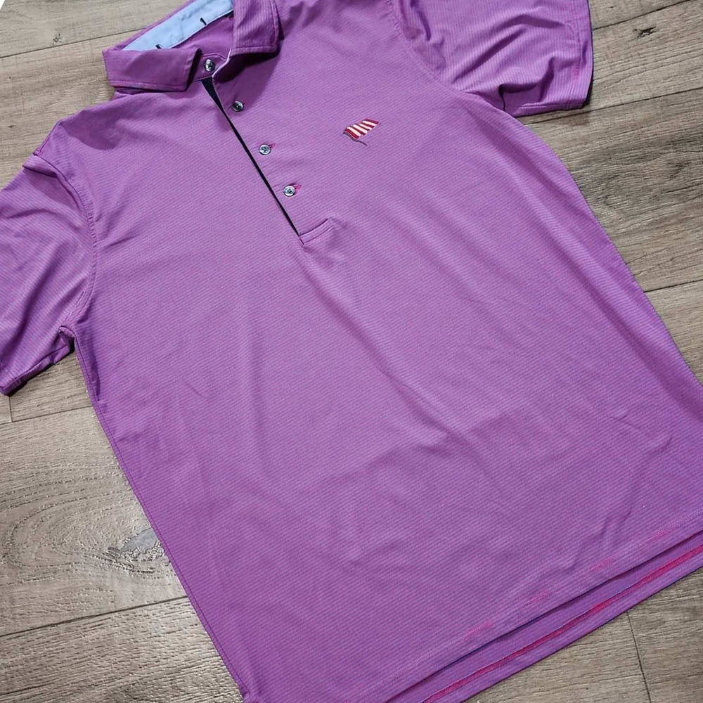 Greyson Mens Golf Polo Shirt Purple Blue Striped Short Sleeve Flag Logo Large